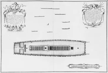 Plan eines Schiffes mit vollständig abgeschlossenem dritten Deck, Illustration aus dem 